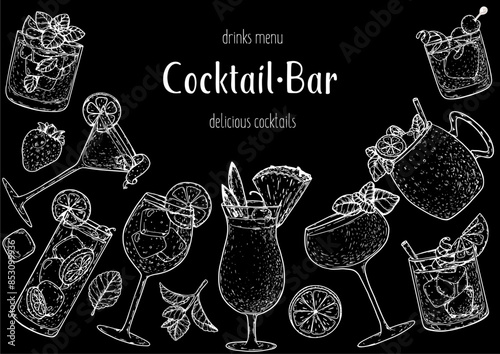 Alcoholic cocktails frame. Hand drawn vector illustration. Cocktails sketch set. Engraved style.