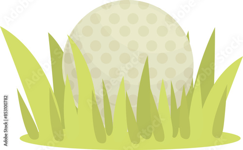 White golf ball is partially hidden in the rough grass of the golf course