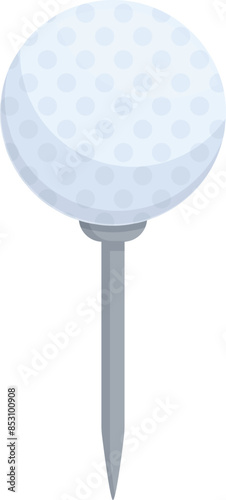 White golf ball is standing on a metal tee and is ready for the first hit on a golf course