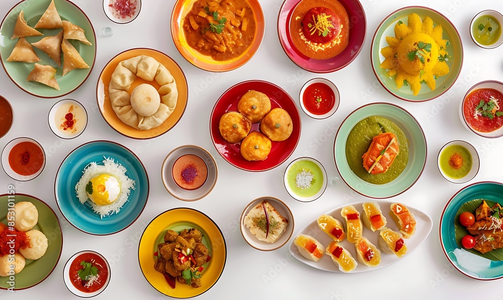 Vibrant Indian Feas, Top View of Momos, Butter Chicken, Samosas, Pani Puri, A colorful spread of Indian dishes on white