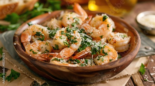 Fried garlic and parsley shrimp in olive oil with parmesan cheese on bread served on a wooden table
