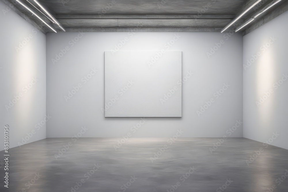 Empty gallery interior with concrete floor and ceiling, featuring a large blank canvas ready for your artwork. Empty gallery interior with concrete floor and ceiling, featuring a large blank canvas ready for your artwork.