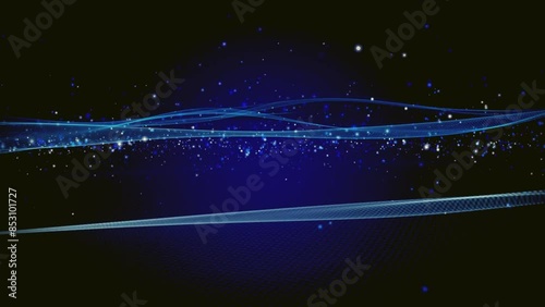 Futuristic animation with wave object and glittering particles in slow motion