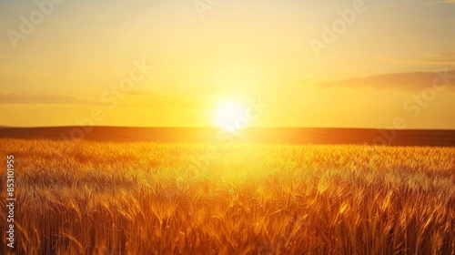 Vibrant sunset illuminating golden wheat field under clear sky in realistic landscape photography
