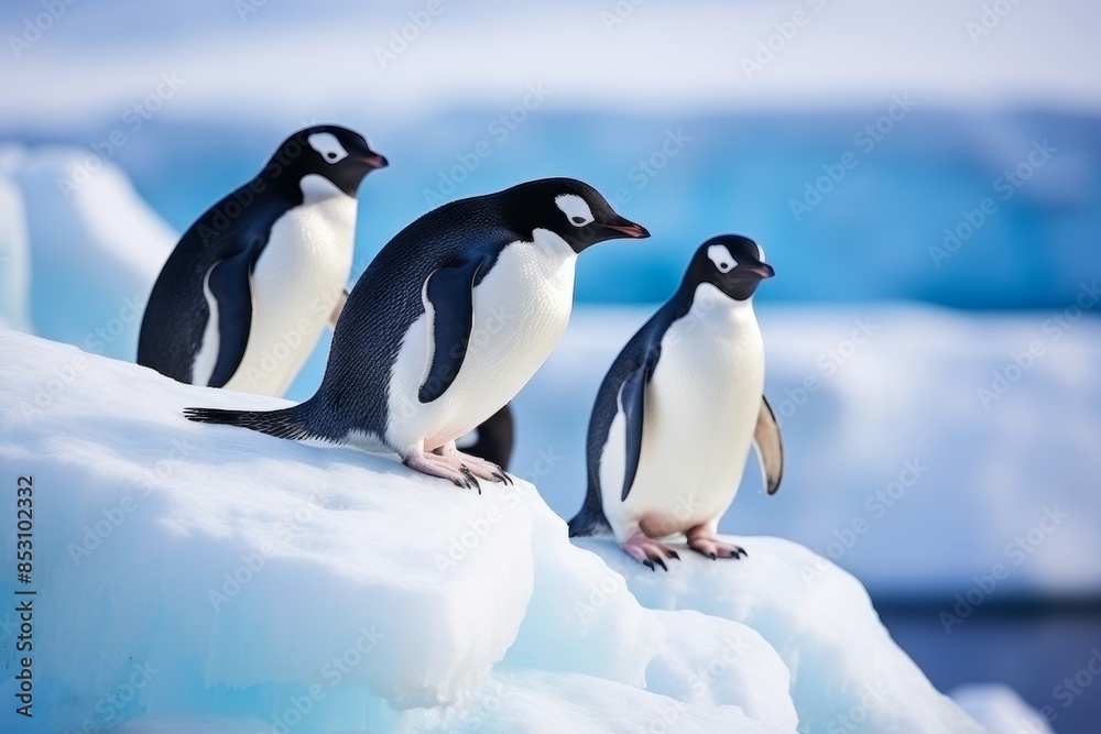 Fototapeta premium Picture of penguins sitting on the ice at the North Pole in groups.
