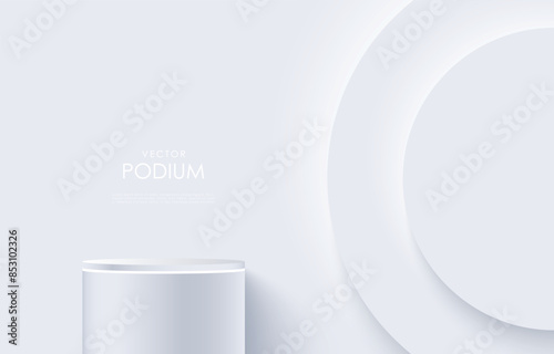 3D white product podium background. Abstract composition in minimal design. Studio showroom product pedestal, Fashion showcase mockup scene. Vector showcase design