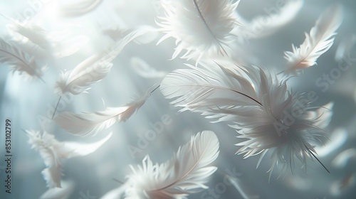 Ethereal White Feathers Floating in Soft Light photo