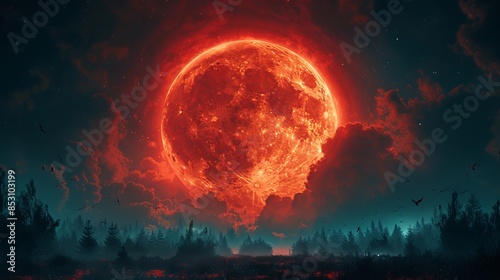 scene of a full moon lunar eclipse. illuminated Red moon. murder of crows flying around the red moon. mezmerizing night sky scene.