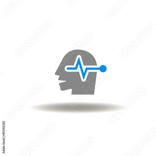 Vector illustration of head and pulse or heartbeat. Icon of stroke. Symbol of head disease analysis.