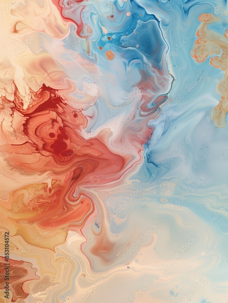 Abstract painting of light blue, red and orange colors, swirling patterns, fluid shapes Abstract painting of light blue, red and orange colors, swirling patterns, fluid shapes