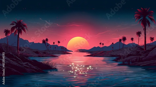 vector illustration of a river running through a harsh desert eventually coming to a lake at the bottom foreground. beautiful dunes, 