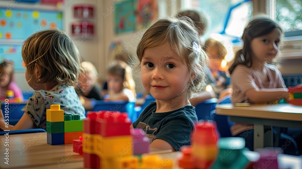 Girl in a classrom with children, looking camera. Girl in a classrom with children, looking camera.