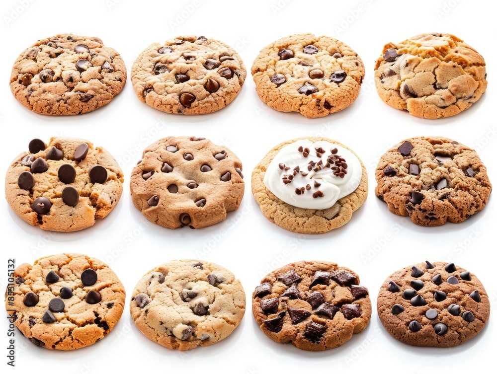 Cookies A variety of cookies, some with chocolate chips, others with icing Cookies A variety of cookies, some with chocolate chips, others with icing