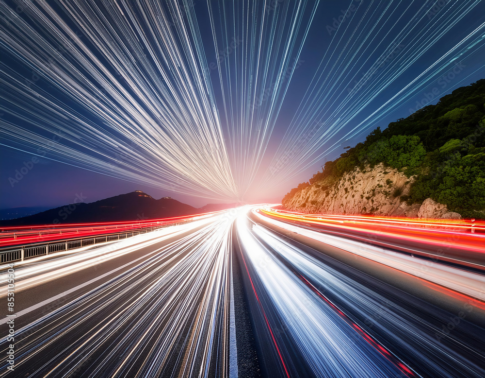 Obraz premium Colorful light trails with motion effect on the road in the evening