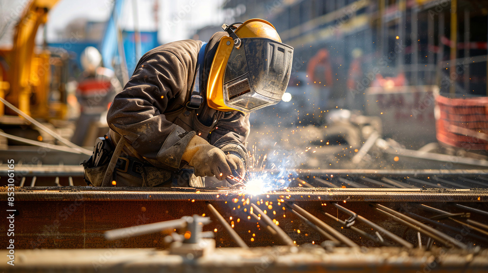 Welder at work. Big construction site. Sparks fly from welding. Worker in uniform Welder at work. Big construction site. Sparks fly from welding. Worker in uniform