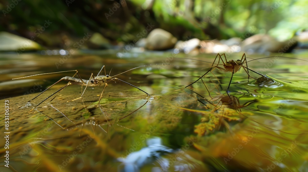 Graceful Water Striders Sailing Through Tranquil Lisboa Stream Graceful Water Striders Sailing Through Tranquil Lisboa Stream