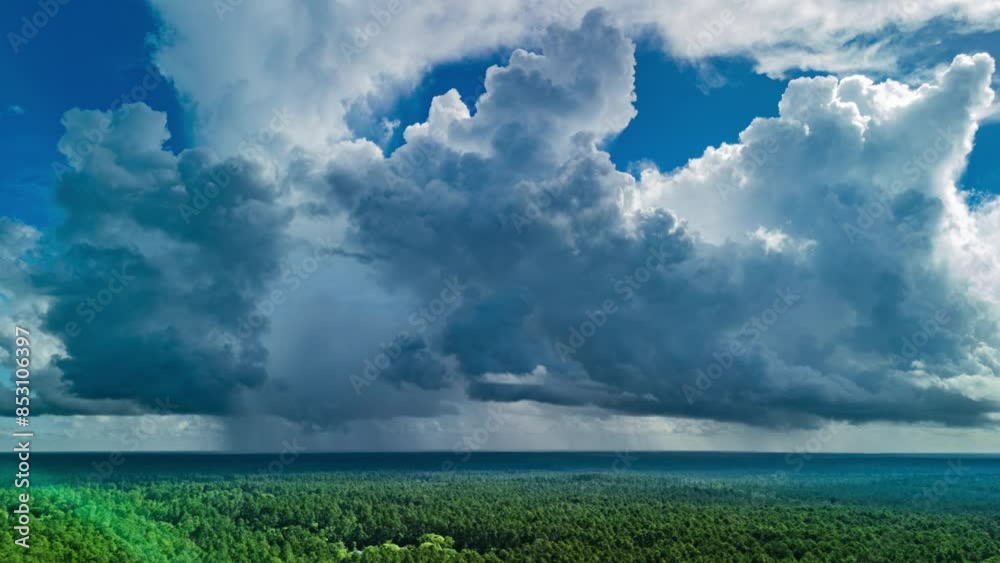 Rainshower aerial time lapse over a forest.