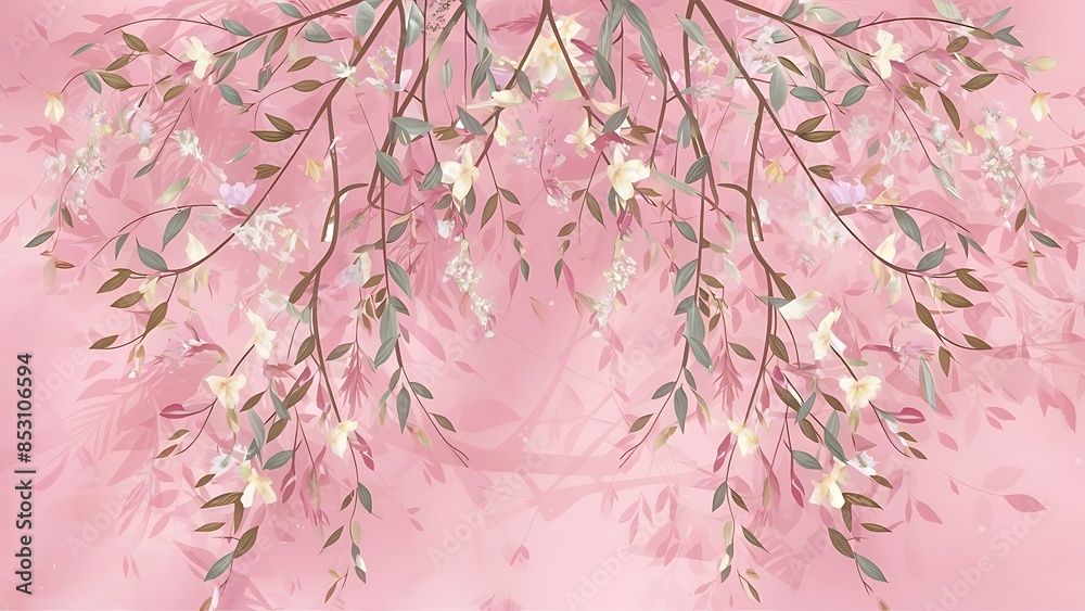 Beautiful blooming willow branches on pink background top view Beautiful blooming willow branches on pink background top view