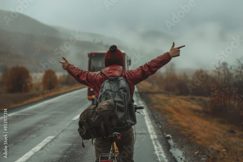 a man with his arms up on a road with a bus in the background photo