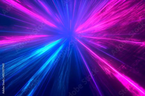 Blue,purple,pink neon rays with glowing lines create abstract background,perfect for digital art projects,innovative app designs,minimalistic promotional materials focusing on modern, futuristic look