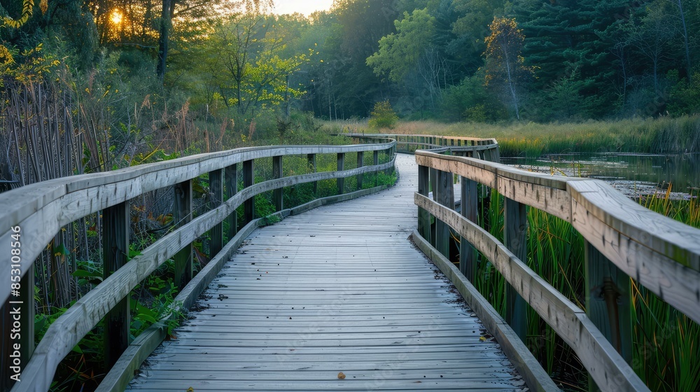 Fototapeta premium Tranquil Wetland Oasis Exploring Nature on Wooden Boardwalk