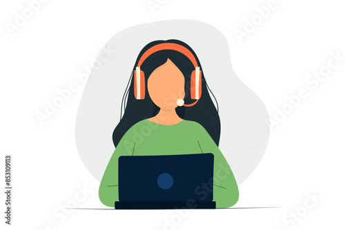 Female customer support service. Woman in headphones with microphone works at laptop, concept of help, support. For banners, advertising products, websites.