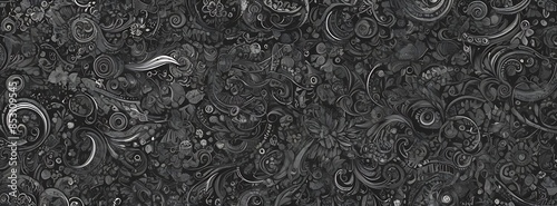 Seamless black and white paisley ornament, Hand-drawn pattern for textiles. Doodle art flowers tattoo