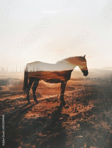 a horse standing in a field with a sunset in the background photo