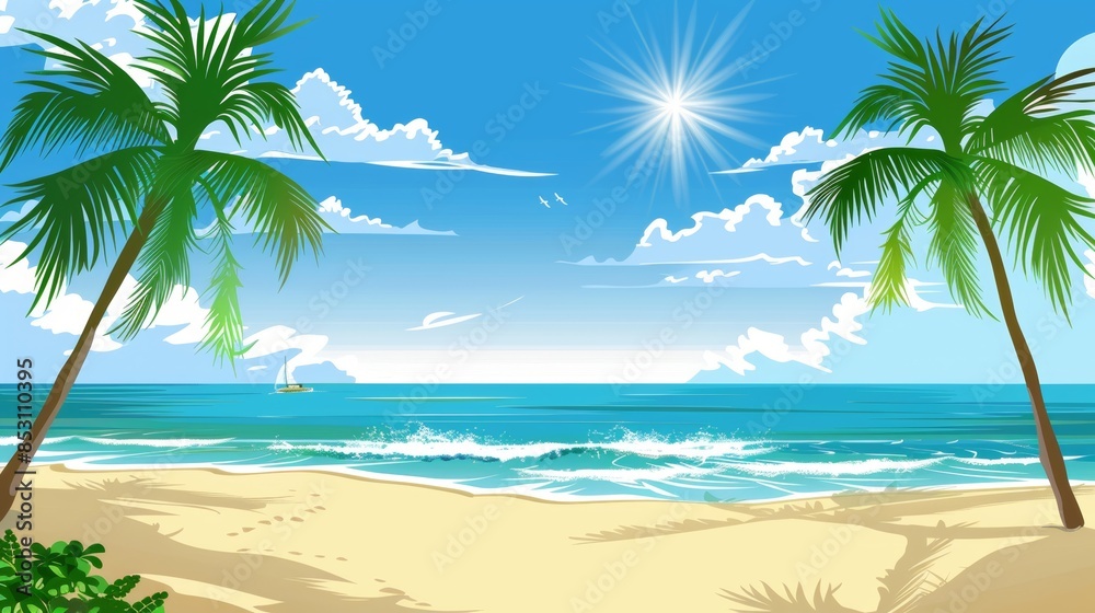 Tropical summer clipart with sun, ocean, and palm trees for creative ...