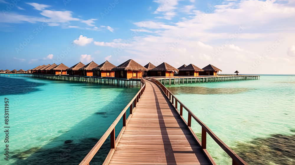 A beach with a wooden walkway leading to a row of small houses. A beach with a wooden walkway leading to a row of small houses.