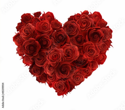 A heart shaped made of red roses on a white background