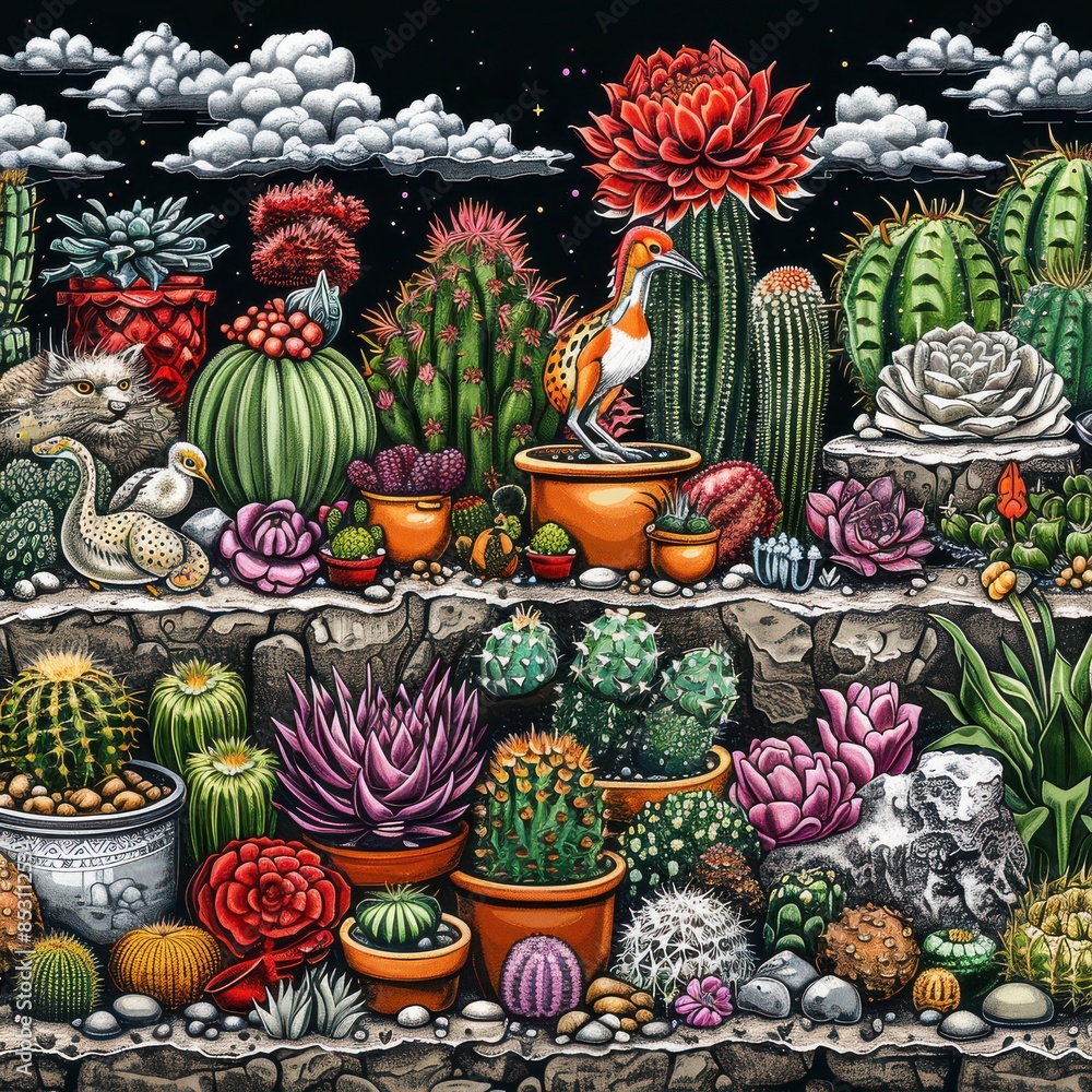 Fototapeta premium Beautifully Detailed Cactus Garden with Blooming Succulents in Pots and Artistic Decor Under a Starry Night Sky with Dramatic Clouds