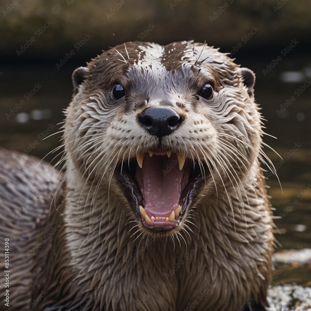 Fierce Otter Portrait Closeup Growling with Wet Dark Fur and Sharp Teeth by Riverbank Fierce Otter Portrait Closeup Growling with Wet Dark Fur and Sharp Teeth by Riverbank