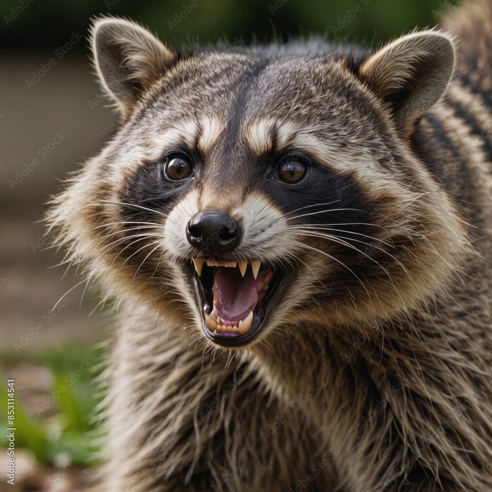 Fierce Encounter Closeup of Growling Raccoon in Suburban Garden Fierce Encounter Closeup of Growling Raccoon in Suburban Garden