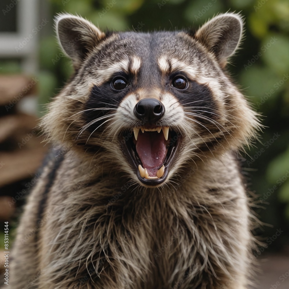 Fototapeta premium Fierce Encounter Closeup of Growling Raccoon in Suburban Garden