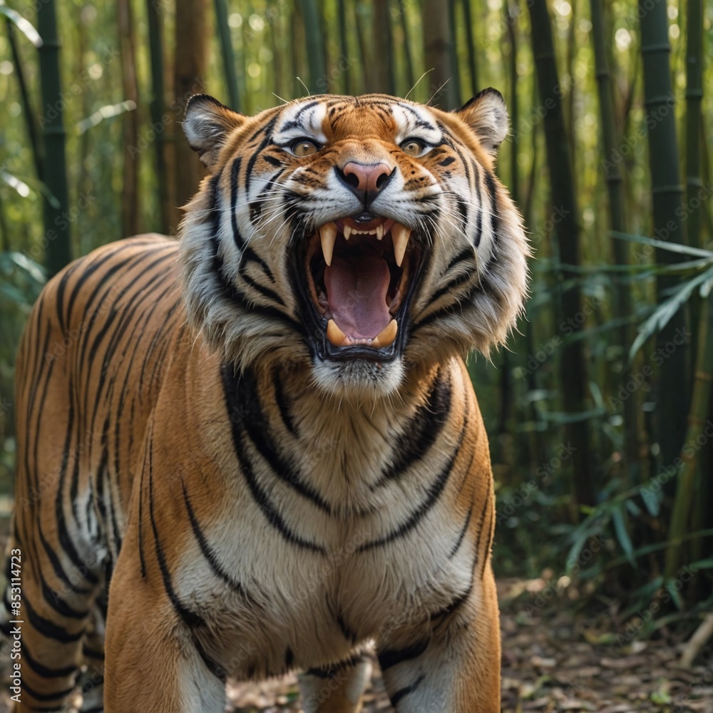 Intense Tiger Portrait Fierce wildlife in orange and black amidst lush bamboo forest Intense Tiger Portrait Fierce wildlife in orange and black amidst lush bamboo forest