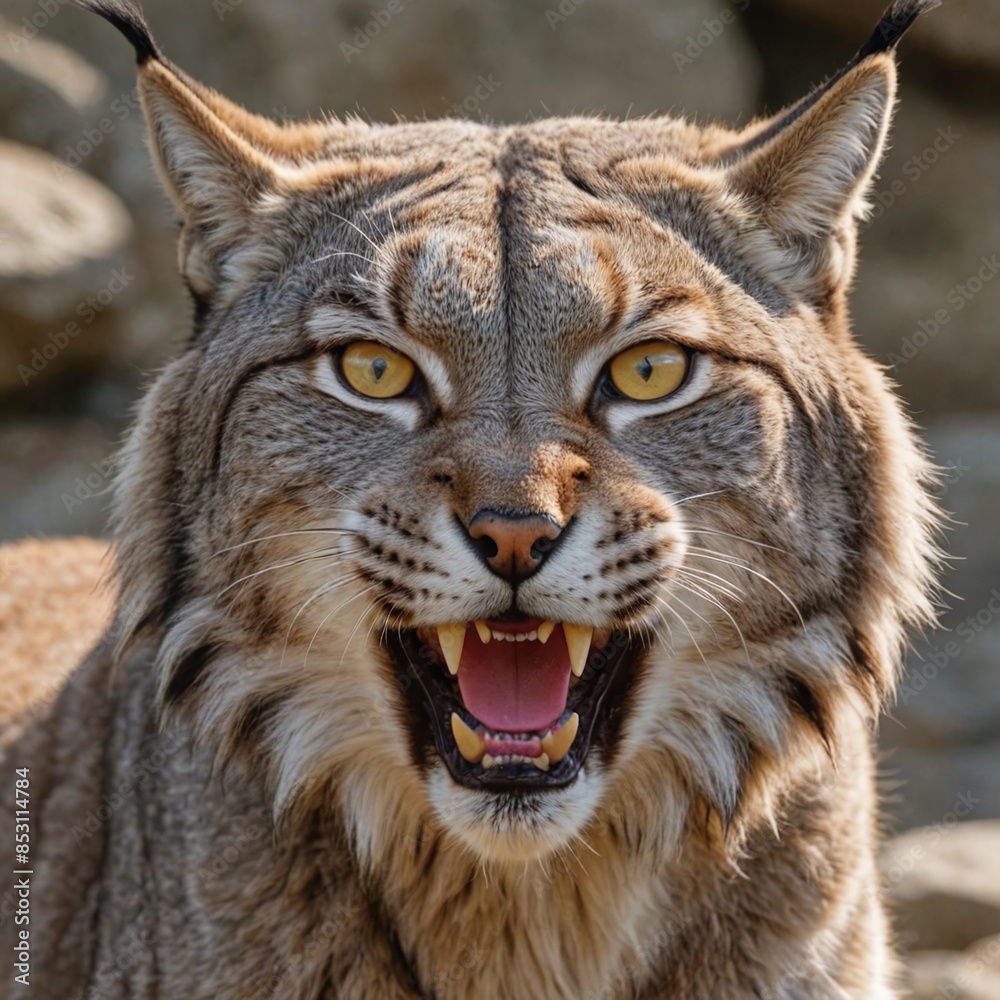 Obraz premium Fierce Lynx Portrait Intense Yellow Eyes and Sharp Teeth on Rocky Background