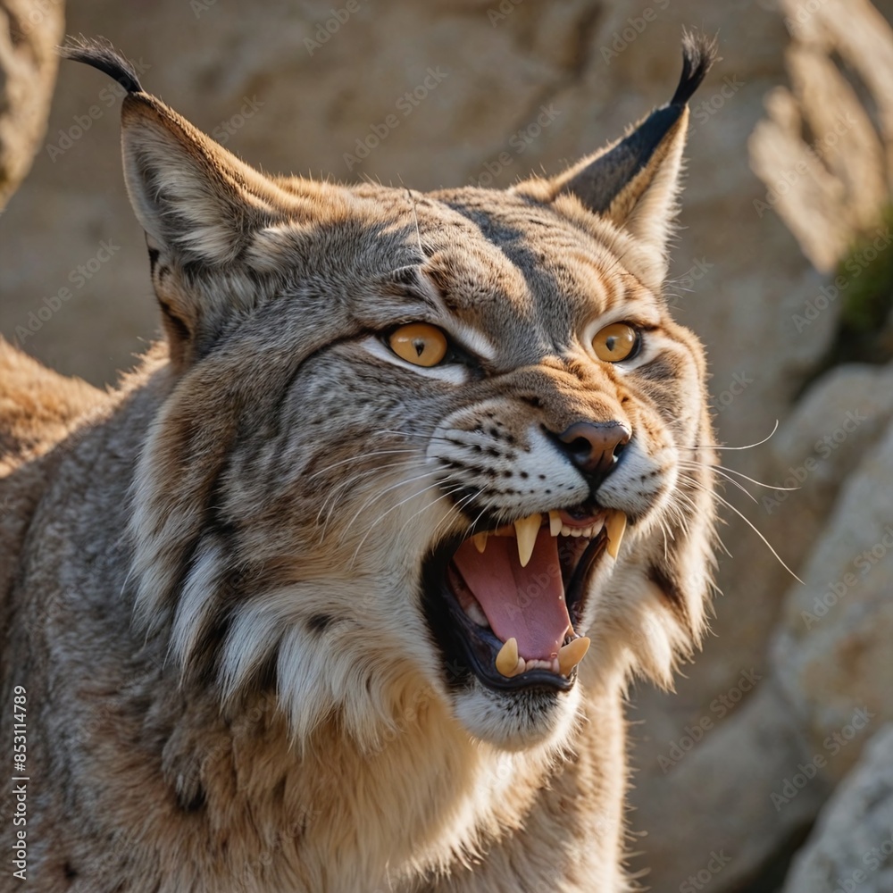 Fierce Lynx Portrait Intense Yellow Eyes and Sharp Teeth on Rocky Background Fierce Lynx Portrait Intense Yellow Eyes and Sharp Teeth on Rocky Background