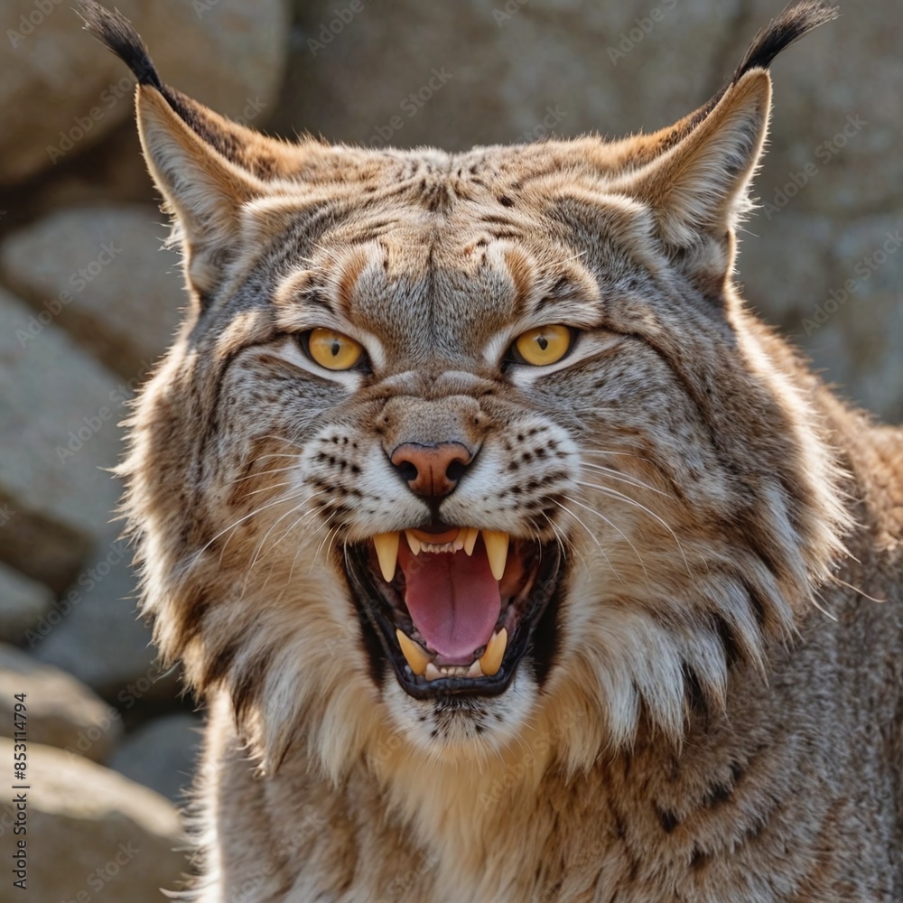 Fierce Lynx Portrait Intense Yellow Eyes and Sharp Teeth on Rocky Background Fierce Lynx Portrait Intense Yellow Eyes and Sharp Teeth on Rocky Background