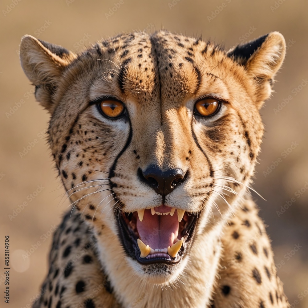 Fierce Predator CloseUp of Snarling Cheetah with TearStreak Markings in Savanna Fierce Predator CloseUp of Snarling Cheetah with TearStreak Markings in Savanna