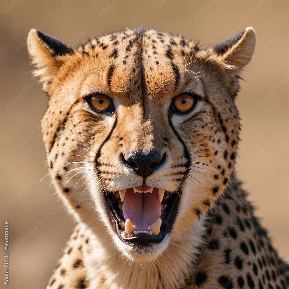 Fierce Predator CloseUp of Snarling Cheetah with TearStreak Markings in Savanna Fierce Predator CloseUp of Snarling Cheetah with TearStreak Markings in Savanna