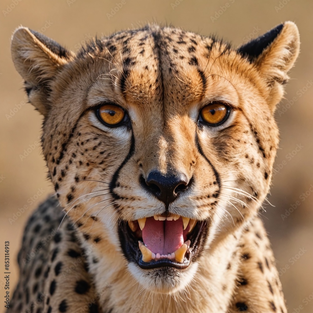Fierce Predator CloseUp of Snarling Cheetah with TearStreak Markings in Savanna Fierce Predator CloseUp of Snarling Cheetah with TearStreak Markings in Savanna