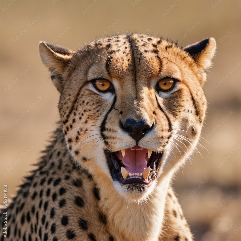 Fierce Predator CloseUp of Snarling Cheetah with TearStreak Markings in Savanna Fierce Predator CloseUp of Snarling Cheetah with TearStreak Markings in Savanna
