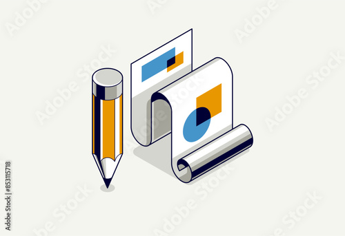 Engineering project concept, paper document blueprint with pencil engineer work job vector 3D isometric illustration, abstract plan drawing, cad scheme icon.