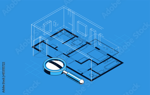 Flat plan drawing with pencil, floorplan residential house or apartment blueprint implementation, 3D isometric vector illustration, interior design project house construction embodiment.