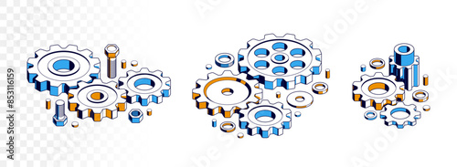 Invention renovation and development concept, gears and cogs composition isometric 3D vector illustration, technology theme, machinery and engine creation.