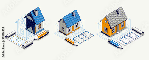 Cottage house for rest project concept set, 3D isometric vector illustration of a small house building project, countryside small house cabin in village or nature.