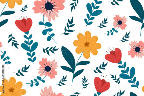 Cute botanical pattern with flowers on white isolated background. Seamless vibrant wildflowers in flat cartoon style. For floral decor, prints, wallpaper.