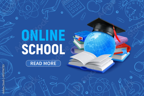 Online School, Back to School banner with graduation cap on the globe, open book, books around. Blue background, frame with objects on education theme, hand drawn in doodle style. Vector illustration