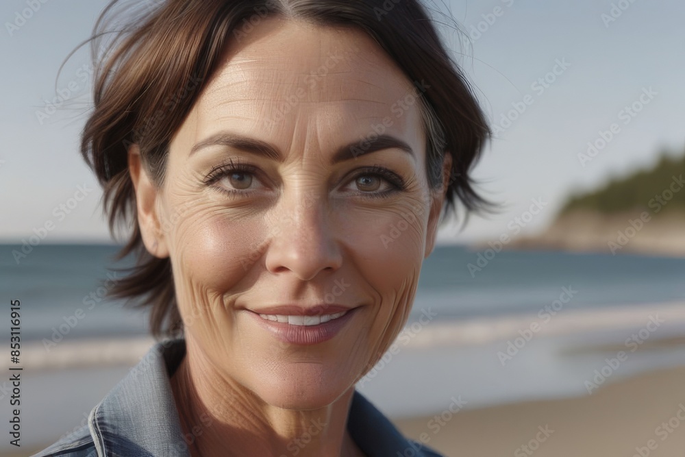 Portrait of a happy brunette woman 40 years old on the seashore. An attractive, healthy, older woman who leads an active life.
